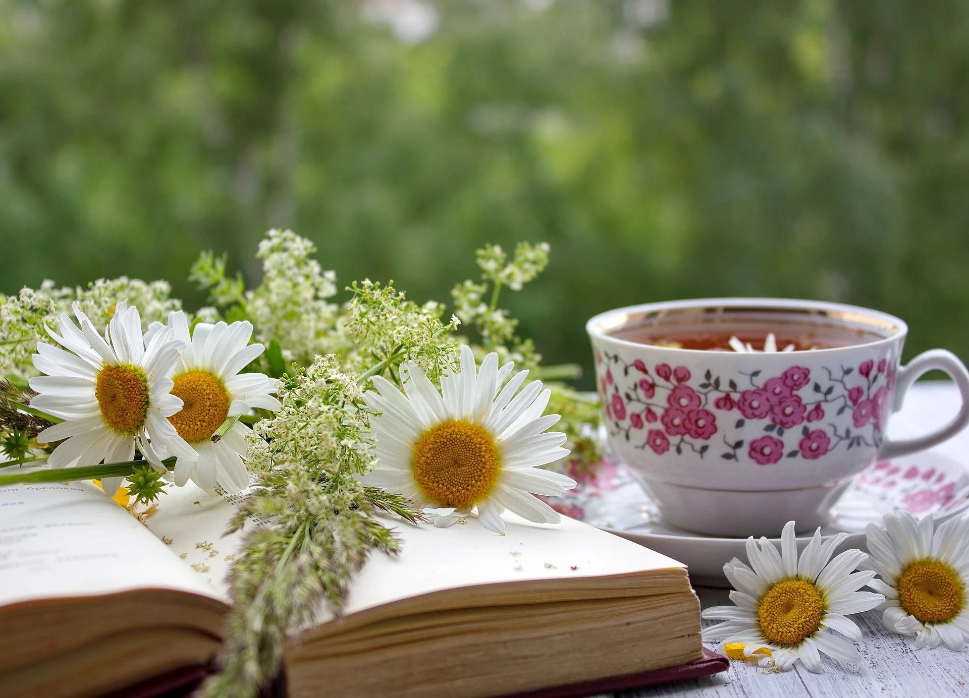 شاي البابونج مع زهور على طاولة.